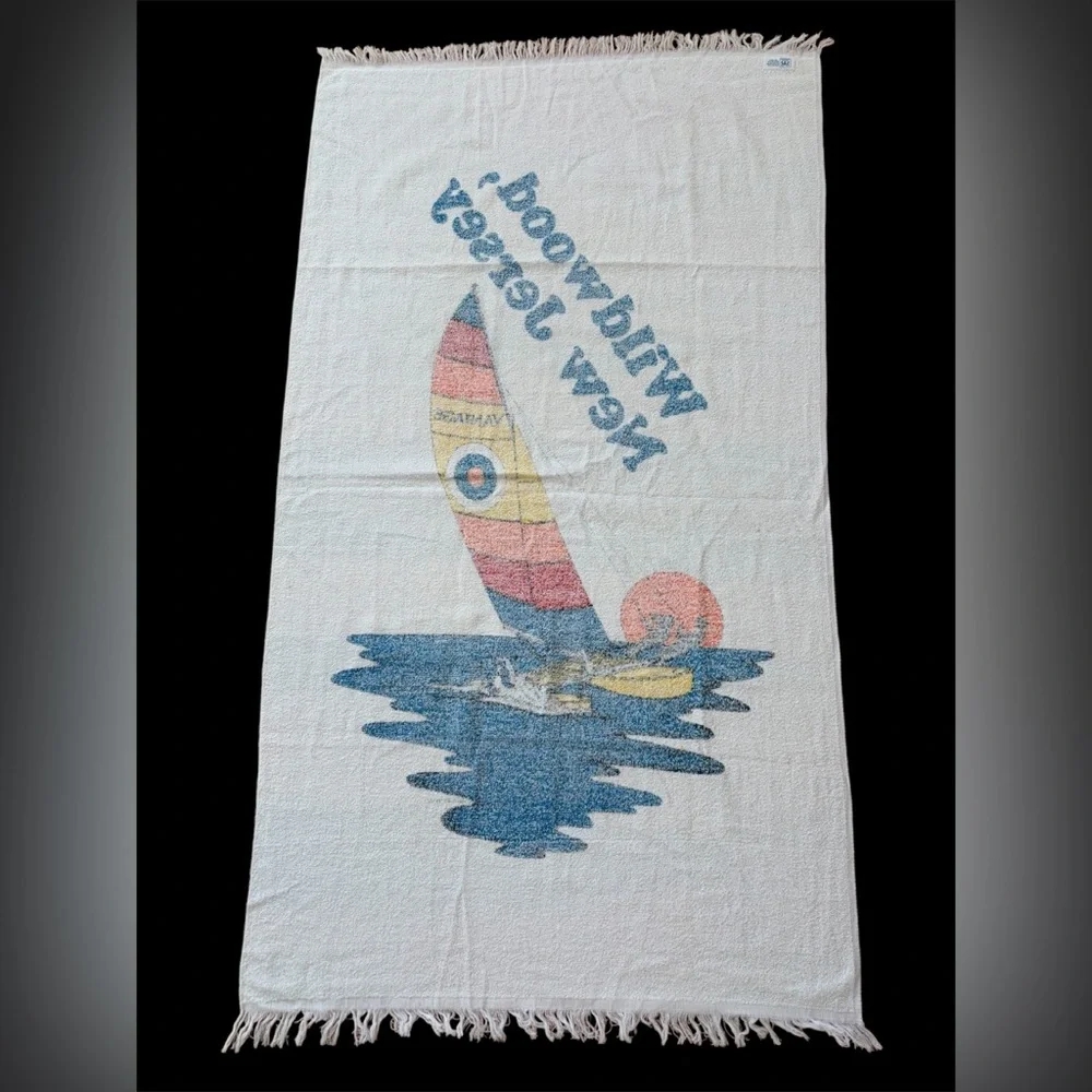 Vtg 80s Wildwood New Jersey 1980 RJR Tob. Co. Beach Towel Retro Windsurf NOS